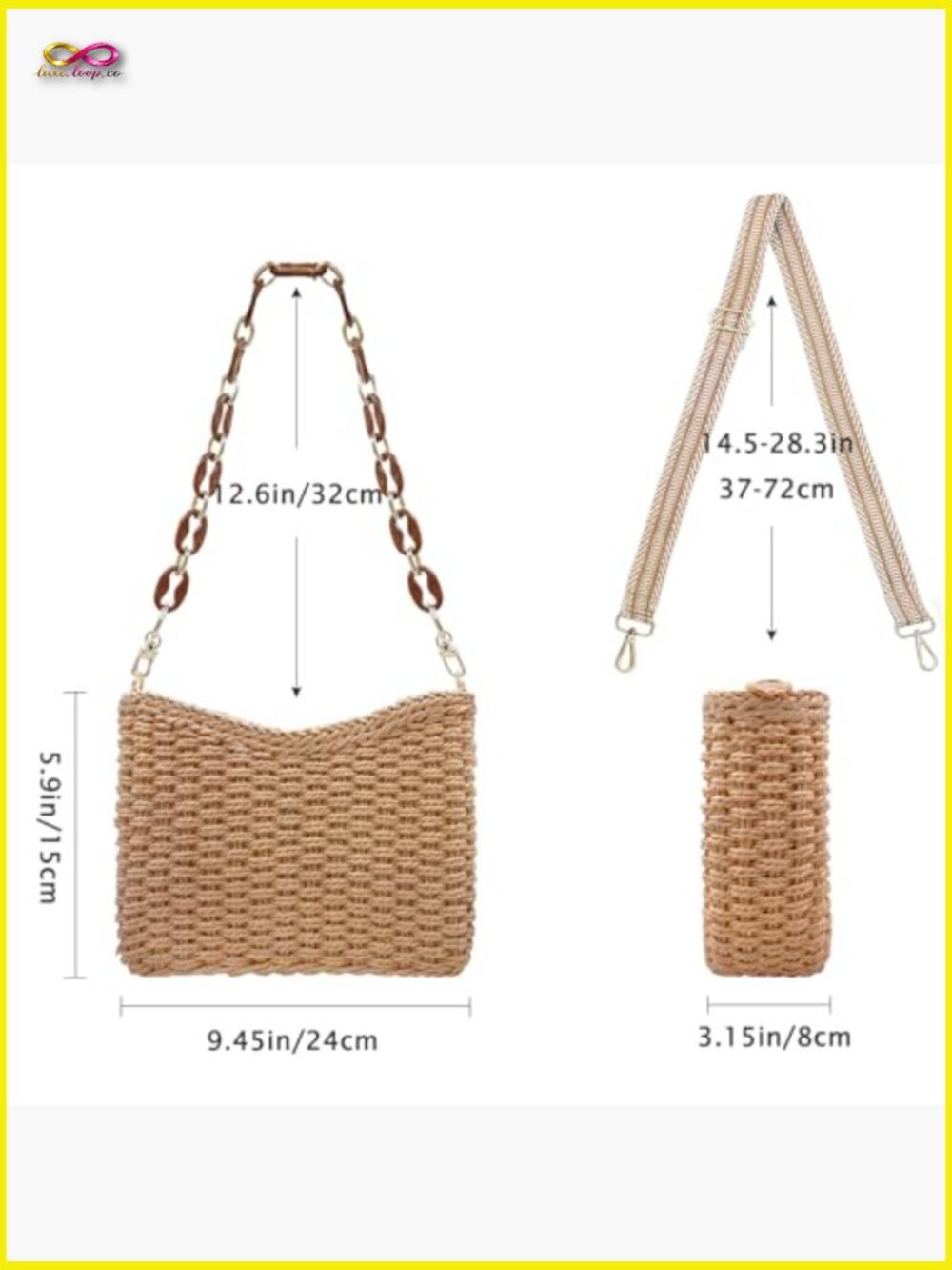 Straw Crossbody Bag Woven Shoulder Purse Beach Tote Summer Vacation Chain Strap - Picture 4 of 7